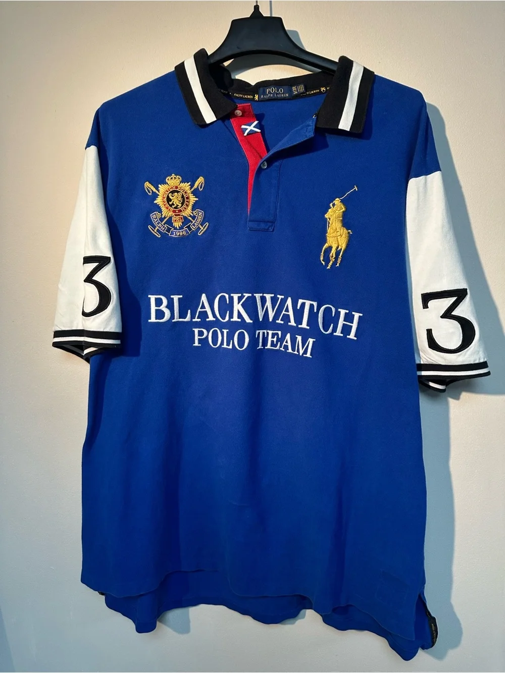 Ralph Lauren Blue Polo with White Sleeves and Yellow Embroidery